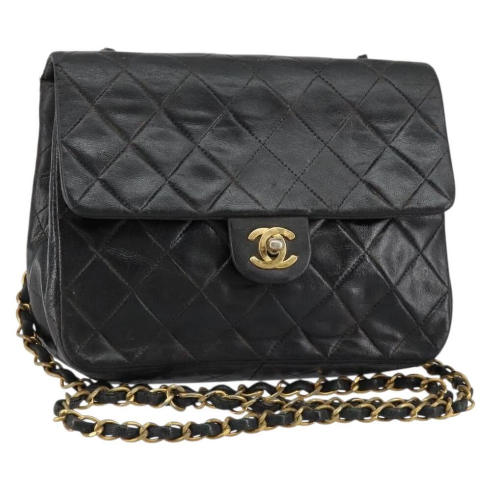 CHANEL Mini Matelasse Chain Shoulder Bag Leather Black Gold CC Auth 154933